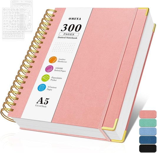 Bullet Dotted Journal Spiral Notebook, 300 Pages Leather Notebooks with Contens, 120 GSM Thick No Bleed Through Paper Journals, A5 Dot Grid Notebook for Women Men School Work Writing, 5.5" x 8", Pink-DeskLoop Office
