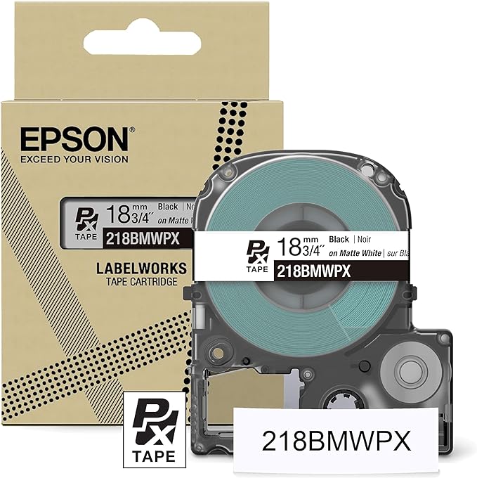 Epson LABELWORKS 218BMWPX Genuine PET (Polyester) Tape Cartridge - Black on Matte White Designer Craft Label Maker Tape - 3/4" (18MM) Wide, 26'-DeskLoop Office