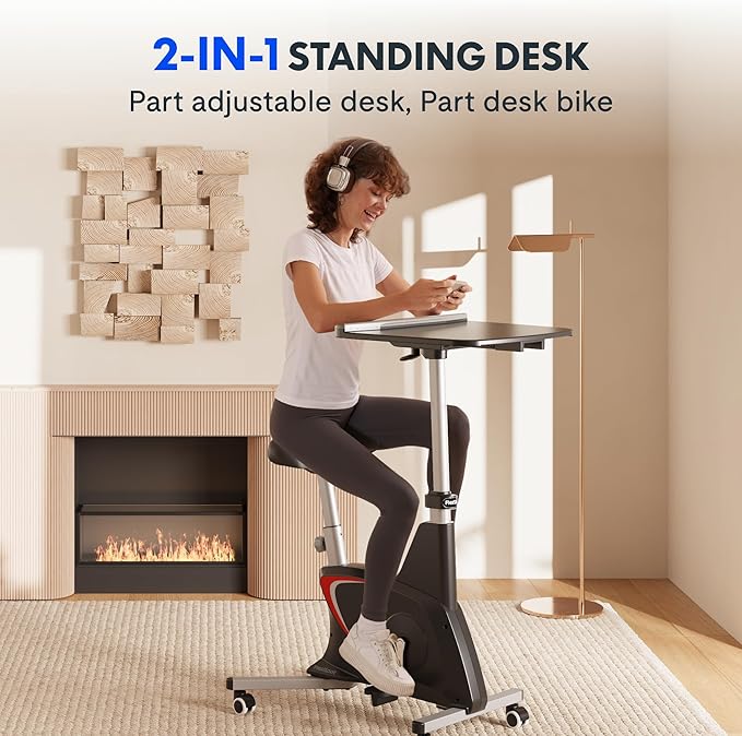 FLEXISPOT Small Standing Desk Adjustable Height Movable Rolling Desks for Teachers Laptop Desks Workstation with Integrated Pedal Exerciser Wide Seat, Desk for Home Office Corner Small Space, Black-DeskLoop Office