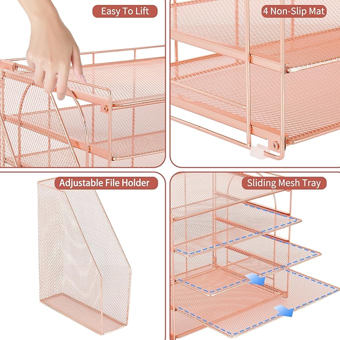 AUPSEN Rose Gold Desk Accessories Organizer,5-Tier Desktop Paper File Organizer with Adjustable File Holder, Office Desk Accessories for Office Supplies-DeskLoop Office