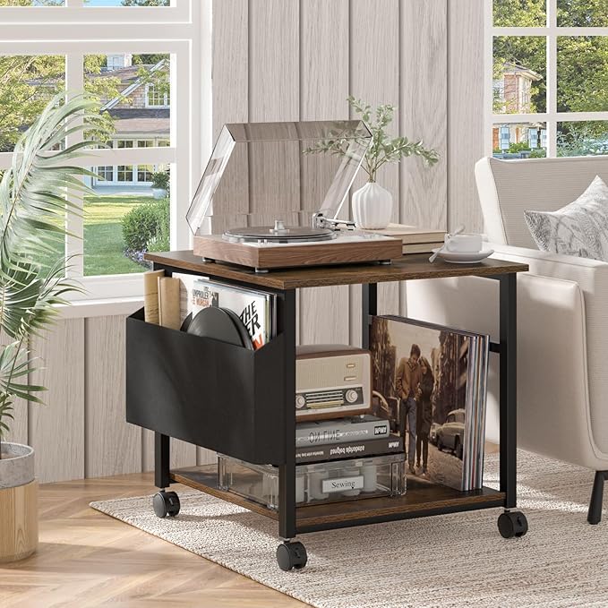 Lerliuo Large Printer Stand with Storage Shelf, 23.6 x 23.6 x 22.8 Industrial Printer Table for Home Office, Rolling Printer Cart Holder with Lockable Wheels, Mobile Mini Fridge Stand Table (Brown)-DeskLoop Office