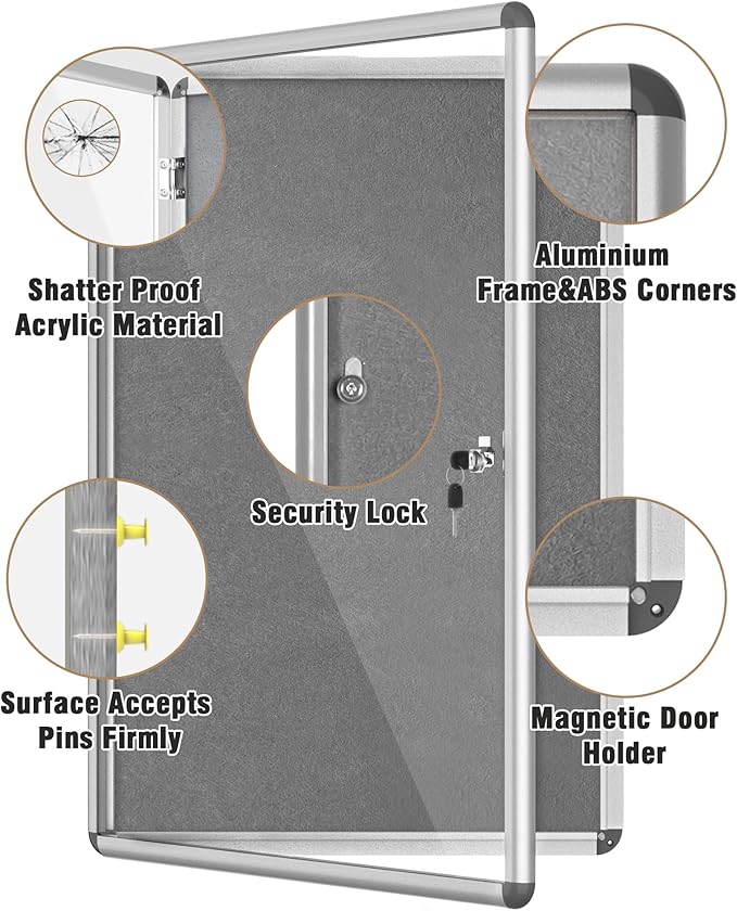 36"x24" Enclosed Bulletin Board, Lockable Weather-Resistant Aluminum Cork Noticeboard for School & Office, Silver Frame w/Grey Flet-DeskLoop Office