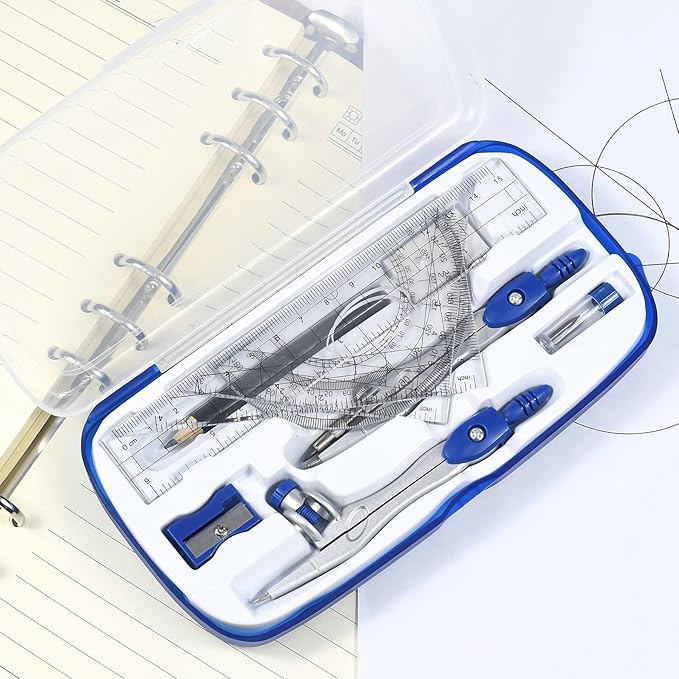 Math Geometry Kit Sets 10 Piece Student Supplies with Shatterproof Storage Box,Includes Rulers,Protractor,Compass,Eraser,Pencil Sharpener,Lead Refills,Pencil,for Drafting and Drawings(Navy blue)-DeskLoop Office