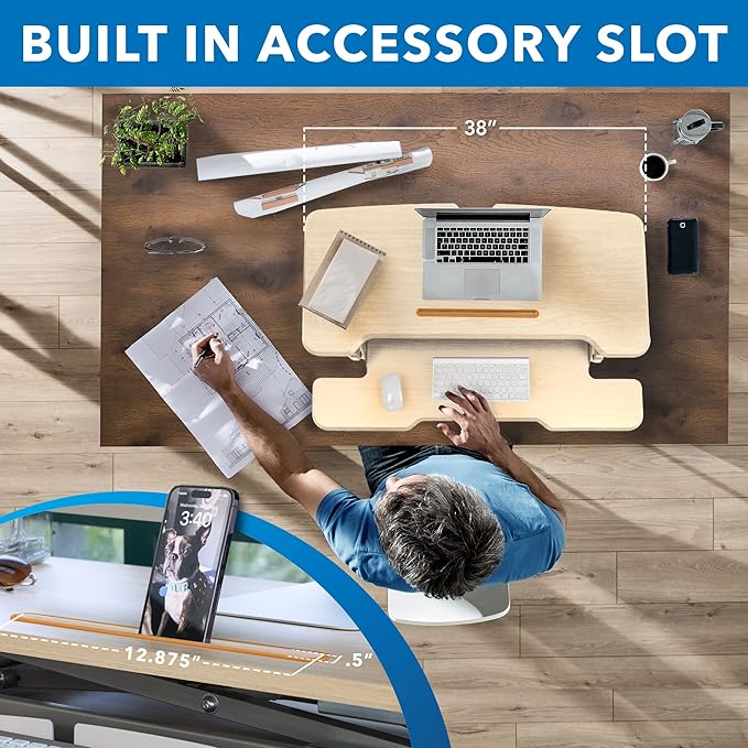 Mount-It! Height Adjustable Standing Desk Converter, 38” Wide, Desk Riser for 2 Monitors, Manual Gas Spring Sit Stand Desktop Raises to 16.9", Fits Two Monitor Screens with Keyboard Mouse Tray Maple-DeskLoop Office