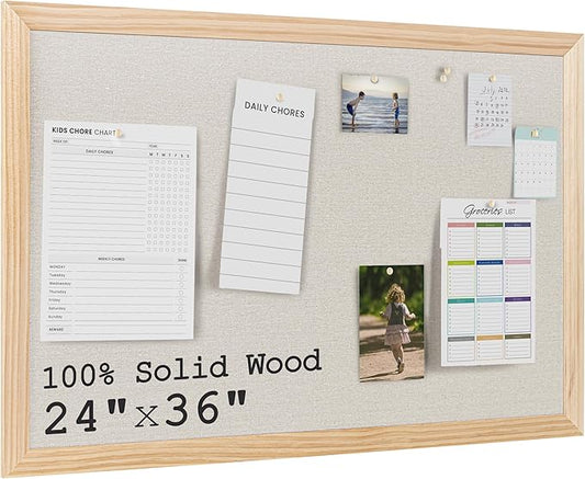 Bulletin Board Cork Board with Linen, 100% Wood Framed 24" x 36" Bulletin Board Decorations, Pin Boards for Walls, Wall Mounted Fabric Picture Board with 10 Pushpins for School, Home & Office, Natural-DeskLoop Office