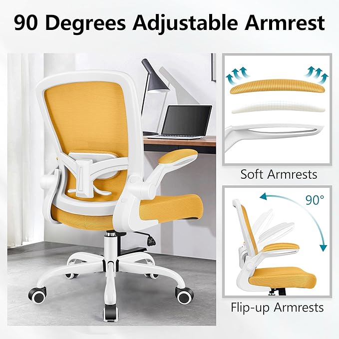 FelixKing Office Chair, Ergonomic Desk Chair Breathable Mesh Chairs with Adjustable High Back Lumbar Support Flip-up Armrests, Executive Swivel Comfy Task Computer Chairs for Home Office Yellow-DeskLoop Office
