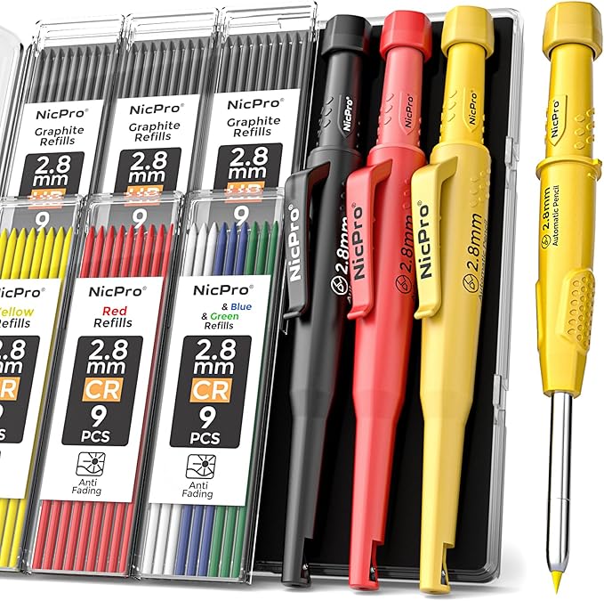 Nicpro 3 Pack CP3000 Carpenter Pencil with Sharpener, Mechanical Carpenter Pencils with 57 Refills, Construction Pencil Heavy Duty Woodworking Pencils for Architect Marking (Red, Black, Yellow)-DeskLoop Office