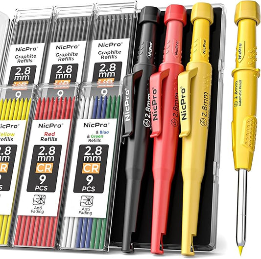 Nicpro 3 Pack CP3000 Carpenter Pencil with Sharpener, Mechanical Carpenter Pencils with 57 Refills, Construction Pencil Heavy Duty Woodworking Pencils for Architect Marking (Red, Black, Yellow)-DeskLoop Office