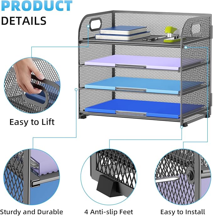 Marbrasse 4 Tier Paper Organizer Letter Tray - Mesh Desk File Organizer with Handle, Paper Sorter Organizer for Letter Office File Folder Holder (Grey, 12.6" x 9.1" x 10.7")-DeskLoop Office