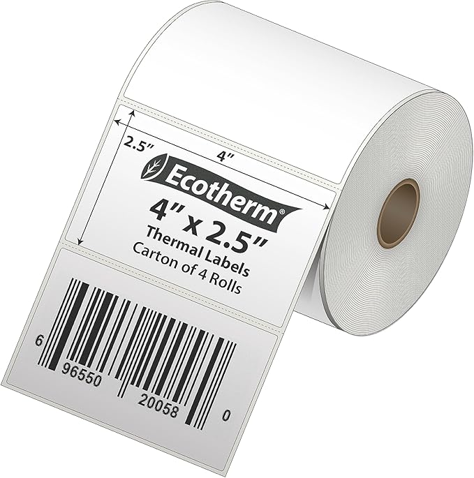 4" x 2.5" Thermal Labels | 4 Rolls | 2400 Labels | fits Zebra, Munbyn, Rollo, Godex, Arkscan, iDPRT, Offnova Thermal Label Printers and More | Blank White Adhesive Stickers by Ecotherm-DeskLoop Office