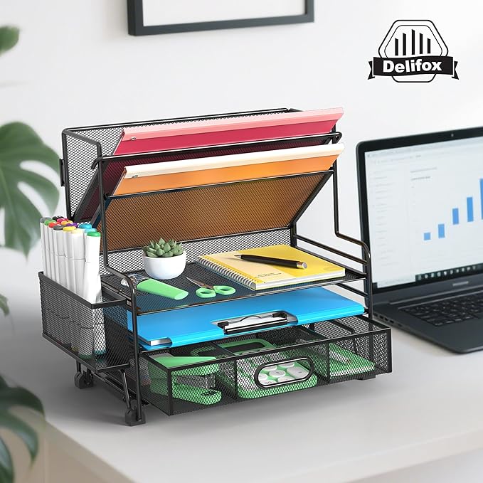 5 Tier Desk Organizer with Drawer & Pen Holders, Desk File Organizer Letter Tray Paper Organizer, Black-DeskLoop Office