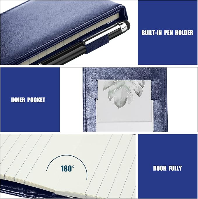 Outus 10 Pcs Pocket Notebook with Pen Set Included Mini Pocket Notepad Holder with 50 Lined Sheets, Metal Pen, 8 Pcs 3 x 5 Inch Memo Book Refills, 30 Lined Paper Per Note Pad (Blue)-DeskLoop Office
