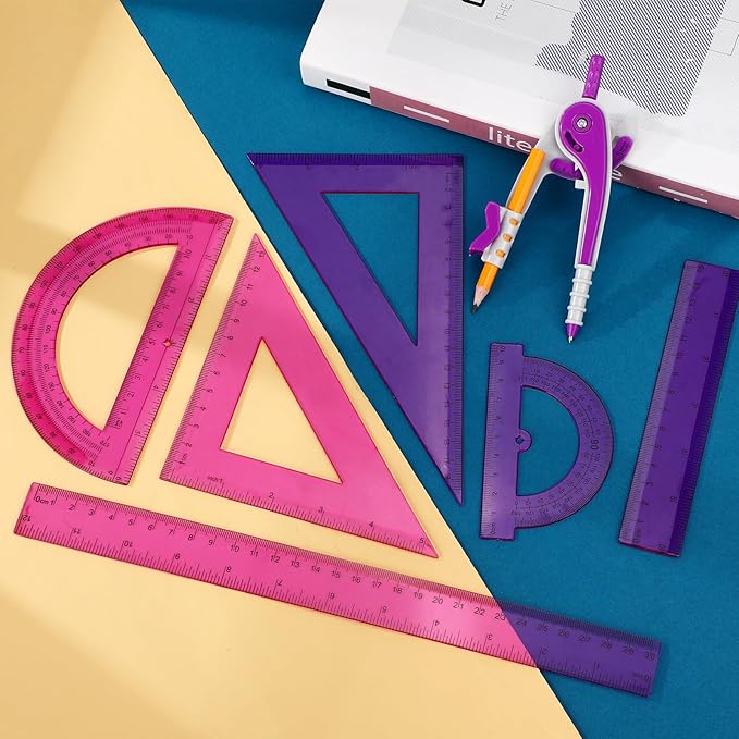Zonon 1 Set Plastic Geometry Math Set 7 Pcs Includes 6'' / 4 '' Protractor, Drawing Compass, 45/60 Degree Triangle Rulers, 12'' / 6'' Math Ruler Transparent for Office Supplies(Purple)-DeskLoop Office