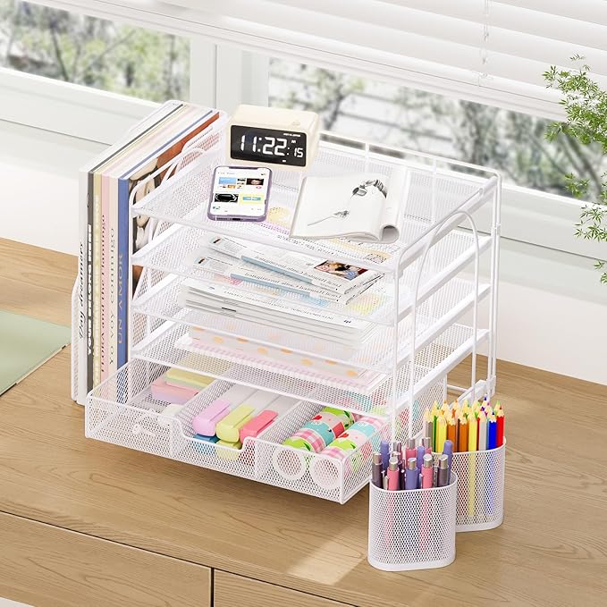 Desk Organizers and Accessories, 5-Tier Paper File Organizer with Drawer & Pen Holder, Office Desk Accessories Workspace Desktop Organizer for Office Supplies (White)-DeskLoop Office