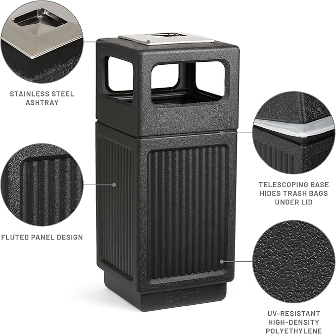 Safco Canmeleon Trash Can, Indoor and Outdoor Use, Durable & Weather-Resistant Commercial Garbage Can with Ashtray, Black-DeskLoop Office