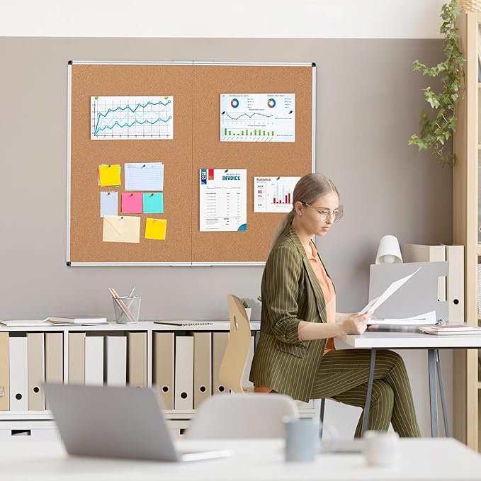 Board2by Extra Large Cork Bulletin Board 48" X 48", Foldable Notice Pin Board for Wall, Silver Aluminum Framed 4'x4' Corkboard, Wall Mounted Noticeboard with 36 Push Pins for School, Home & Office-DeskLoop Office