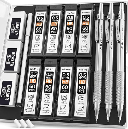 Nicpro 0.5 Mechanical Pencil Set with Case, 3PCS MP1000 Metal Artist Pencil & 8 Tube HB Lead Refills 0.5mm, 3 Erasers,9 Eraser Refills For Architect Writing Drafting, Drawing, Engineering, Sketching-DeskLoop Office
