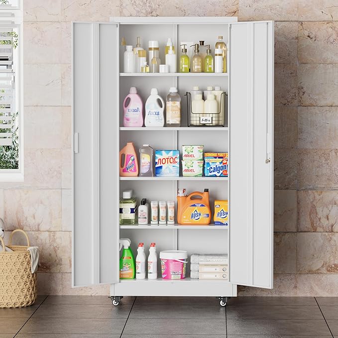 Greenvelly 73" Metal Storage Cabinet with Wheel and Pegboard, Lockable White Metal Garage Cabinets with 2 Doors and 4 Adjustable Shelves, Rolling Steel Tool Cabinet for Garage, Home Office, School-DeskLoop Office