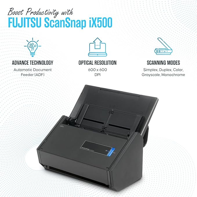 IX500 Fujitsu Scansnap Receipt Scanner for Mac & PC - USB High Speed Cloud Enabled Document, Photo Scanners - ADF with Duplex Scanning - Comes with 16v, USB 3.0 Cable (Renewed)-DeskLoop Office