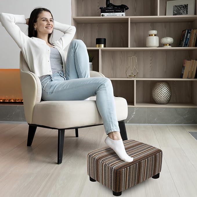 CAROLMADE Small Foot Stool Ottoman Footstool with Legs Under Desk Footrest for Living Room Bedroom and Office,Linen-Stripe Brown-DeskLoop Office