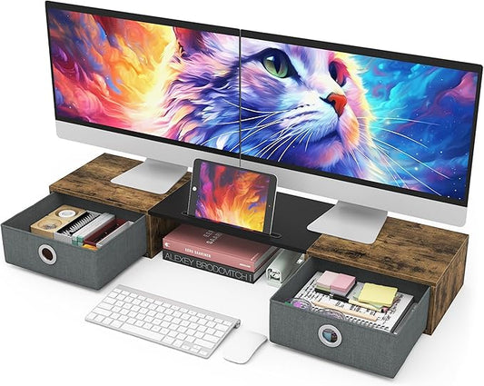 WESTREE Dual Monitor Stand Riser with Two Drawers, Extra Large Storage for 2 Monitors, Desktop Oraganizer Computer,Laptop,Screen,Printer,TV-DeskLoop Office