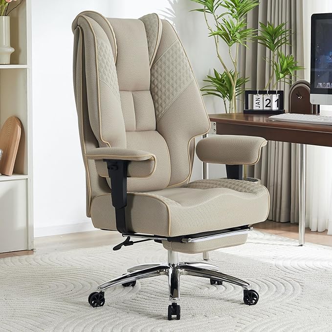 Big and Tall Office Chair 400lbs Wide Seat, Leather High Back Executive Office Chair with Foot Rest, Ergonomic Chairs Lumbar Support for Lower Back Pain Relief (Mesh Dark Beige)-DeskLoop Office