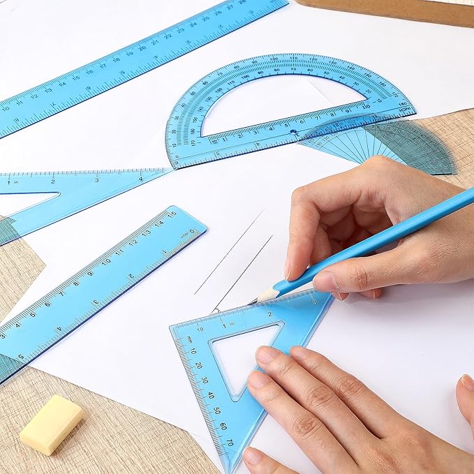 Zonon 1 Set Plastic Geometry Math Set Includes Drawing Compass, 6 Inch 4 Inch Protractor, 45/60 Degree Triangle Rulers 12 Inch 6 Inch Math Ruler Transparent for Office Supplies(Blue)-DeskLoop Office
