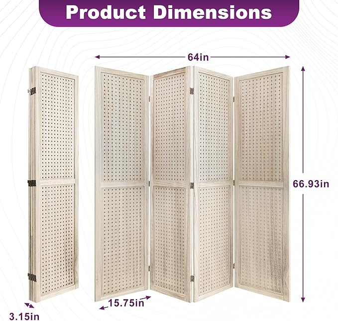 Room Divider, 5.6FT Folding Room Divider Panel, 4 Panel Pegboard Display Wood Partition Wall Divider for Room Separation& Craft Shows, Natural Wood-DeskLoop Office