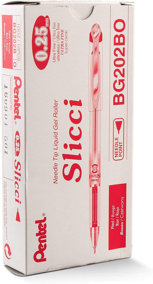Pentel Arts Slicci 0.25 mm Extra Fine Gel Pen, Red Ink, Box of 12 (BG202-B)-DeskLoop Office