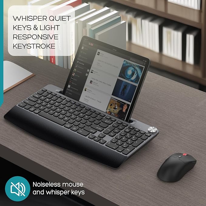 Ergonomic Wireless Keyboard and Mouse with Wrist Rest,Phone Holder - 2.4GHz Full-Sized Low-Profile Quiet Wireless Mouse and Keyboard Combo for Computer, Laptop, PC, Mac-Grey-DeskLoop Office
