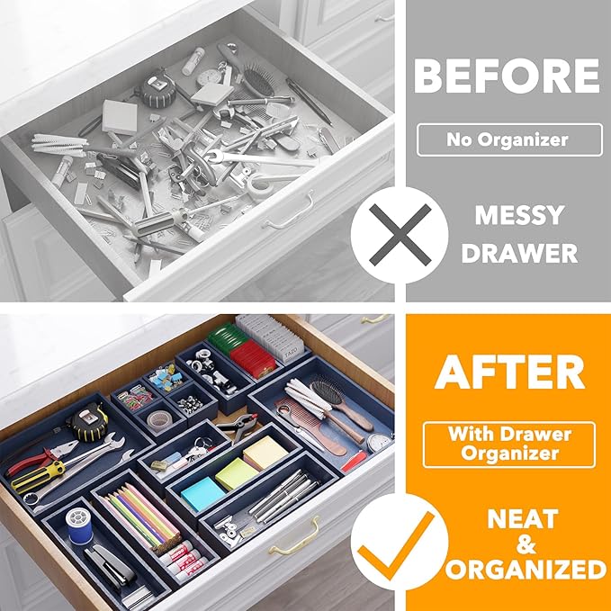 SpaceAid 14-Piece Bamboo Drawer Organizer Storage Boxes Set, Wood Tray Junk Drawer Organizers Multi-Use Divider Bins for Kitchen, Bathroom, Office Desk and Makeup Organization (14 Pack, Navy Blue)-DeskLoop Office