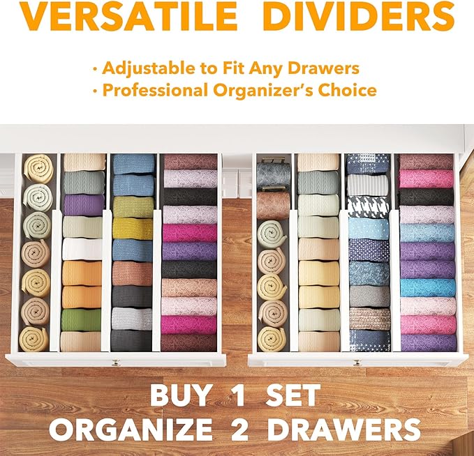 SpaceAid Bamboo Dresser Drawer Dividers 6 Pack, 4.65“ High Adjustable 12.5“-17” Drawer Organizers, Expandable Organization for Clothing, Clothes, Dressers, White-DeskLoop Office