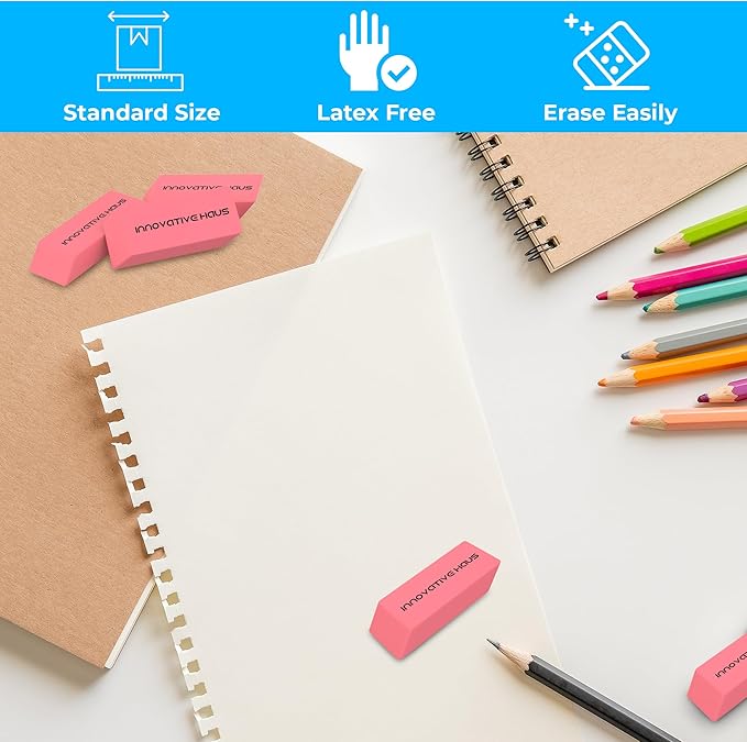 Innovative Haus Pink Erasers Bulk - Latex Free, Smudge Resistant Large Eraser. Big Size School Erasers for Kids in Bulk. Ideal for Students and Classrooms. Pack of 100