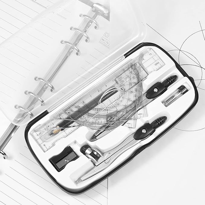 Math Geometry Kit Sets 10 Piece Student Supplies with Shatterproof Storage Box,Includes Rulers,Protractor,Compass,Eraser,Pencil Sharpener,Lead Refills,Pencil,for Drafting and Drawings(Black)-DeskLoop Office