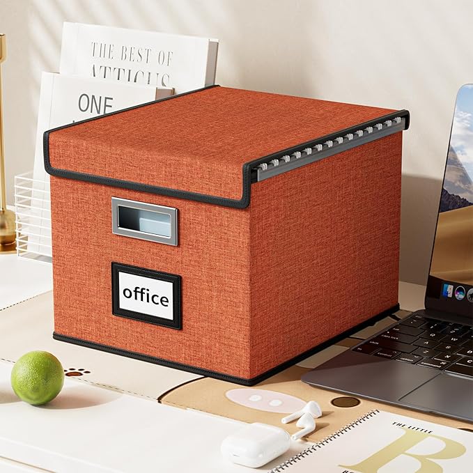 Huolewa Portable File Organizer Box with Lid, Large Linen Hanging Office Document Storage Box with Lid, Collapsible Filing&Storage Box for Office/Decor/Home - 14.9 x 12.7 x 10.8 inch-DeskLoop Office