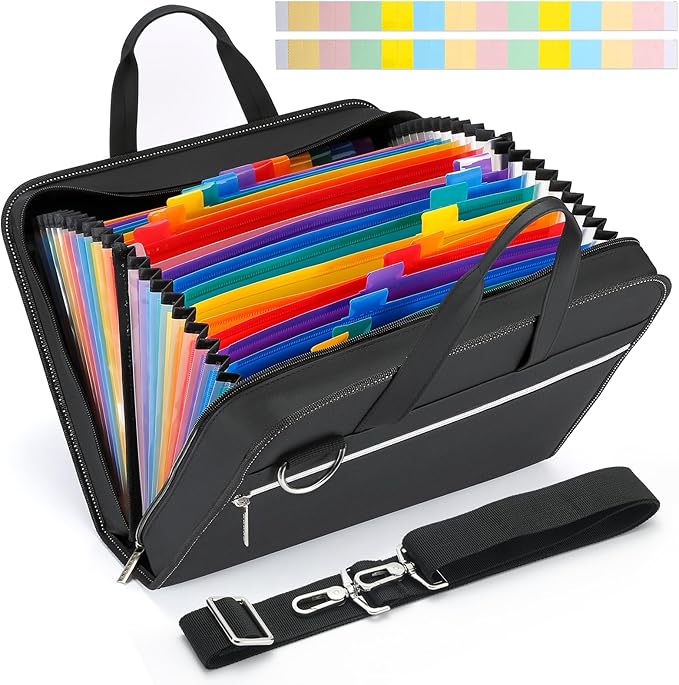 SEEKIND PU Leather Accordian File Organizer 26 Pockets, Expanding File Folder with Handle&Carrying Strap, Document Organizer File Holder for Letter Size / A4 File, for Office, School-Black-DeskLoop Office
