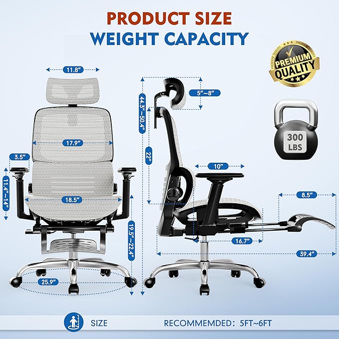 Ergonomic Office Chair, High Back Desk Chairs with Retractable Footrest, Breathable Mesh, Adjustable Headrest, 3D Armrests, Lumbar Support, Tilt Function, Comfy Swivel Computer Gaming Chair-DeskLoop Office