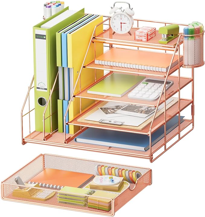 Marbrasse Desk Organizer with File Holder, 5-Tier Desk Organizers and Accessories with Drawer and 2 Pen Holder, Mesh Paper Letter Tray, Desktop Organizer and Storage for Office Supplies (Rose Gold)-DeskLoop Office