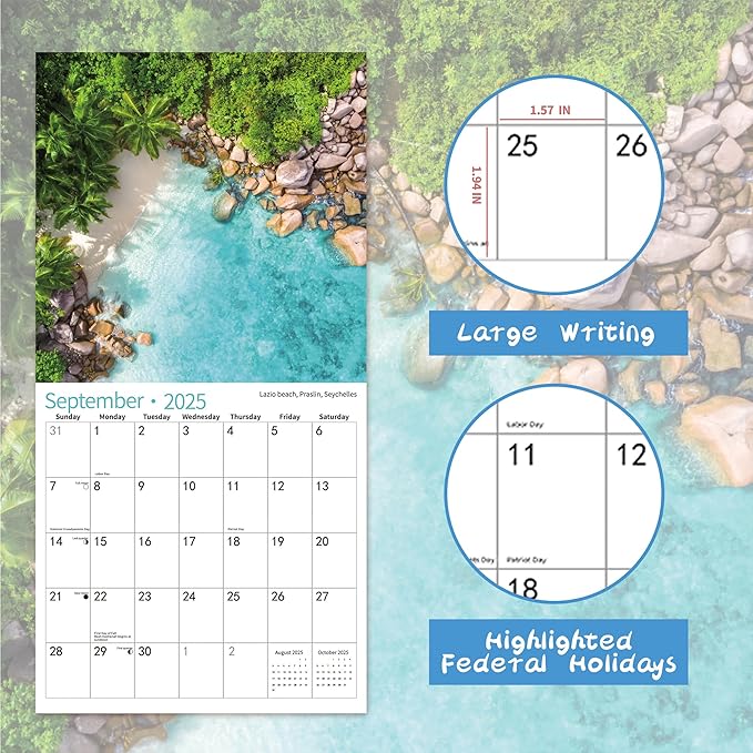 2025 Wall Calendar,Calendar 2026, July 2025 - December 2026, Wall Calendar Beaches, 12" x 24" Opened,Full Page Months Thick & Sturdy Paper for Calendar Organizing & Planning-DeskLoop Office