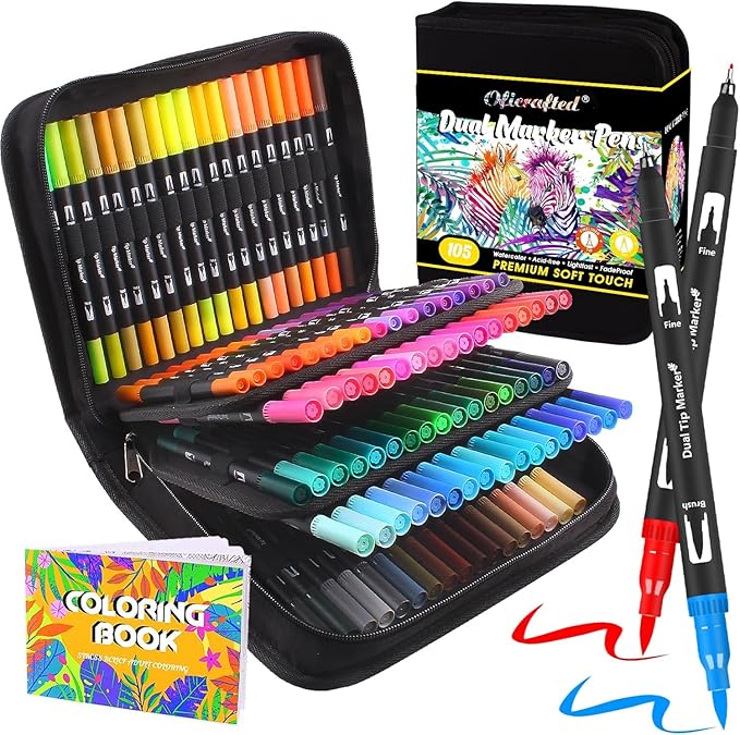 Brush Pens, 105 Colors Dual Tip Markers for Adult Coloring Books, Note Taking and Lettering-DeskLoop Office