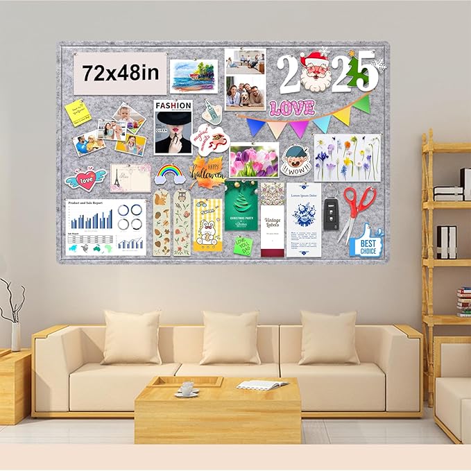 Large Bulletin Board, 72x48 Inches Cork Board Alternative, Large Felt Board Decorative Pin Board for Wall, Foldable Photo Board Self-Adhesive Vision Board with 36 Pushpins Light Gray-DeskLoop Office