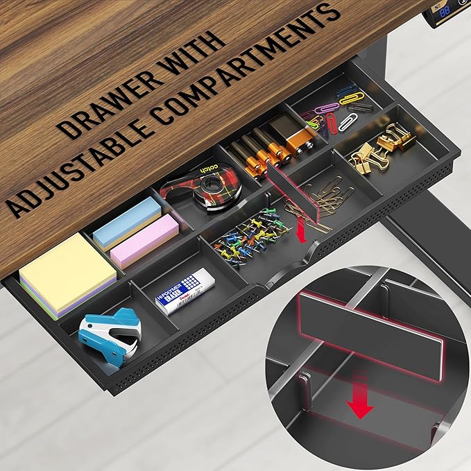 SHW 48-Inch Electric Height Adjustable Standing Desk with Drawer, Memory Preset and Cable Management Tray, Walnut-DeskLoop Office