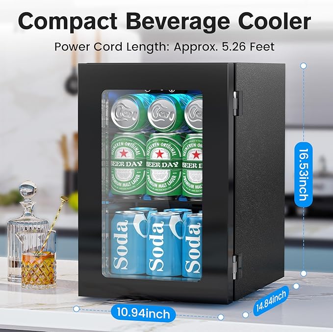 24 Cans Beverage Refrigerator Cooler, Mini Fridge Countertop Drink Cooler for Soda, Canned Beer, Adjustable Digital Temperature Control for Home Dorm Office, Black-DeskLoop Office