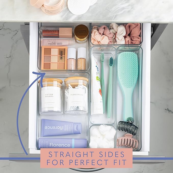 Plastic Clear Acrylic Drawer Organizers. Bathroom, Kitchen, Bedroom, Utensils, Office Organizer Bins, Storage Trays. Heavy Duty, Stackable. 3" x 3" x 2" Set of 6