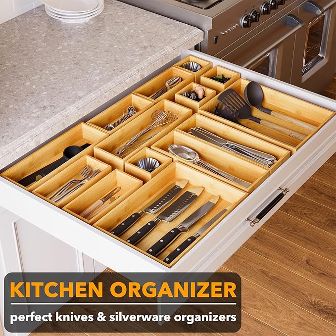 SpaceAid 14-Piece Bamboo Drawer Organizer Storage Boxes Set, Wood Tray Junk Drawer Organizers Multi-Use Divider Bins for Kitchen, Bathroom, Office Desk and Makeup Organization (14 Pack, Natural)-DeskLoop Office