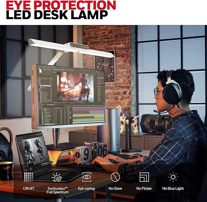 Honeywell LED Desk Lamp with Clamp - HJ1 Sunturalux Eye-Caring Clip on Lights for Home Office, 1200LM Clamp Lamp 4 Color Modes Stepless Dimming Task Desk Light for Working White-DeskLoop Office