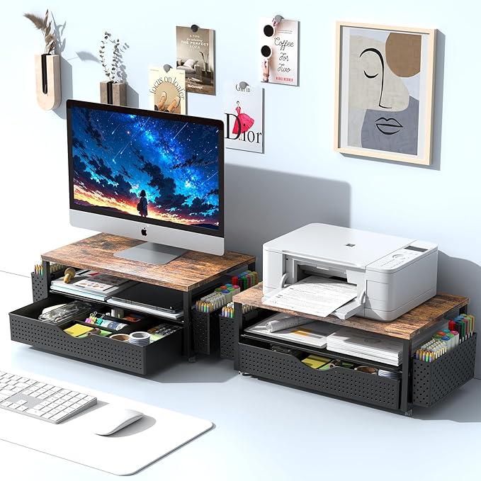 Desk Organizer and Accessories, Computer Monitor Stand Riser with Drawer and 2 Pen Holders, Office Desk Accessories & Workspace Organizers for Office Supplies (Wood)-DeskLoop Office