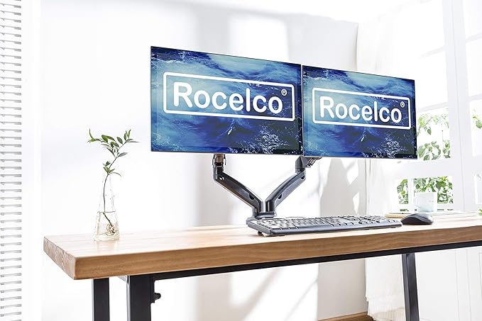 Rocelco 46" Large Height Adjustable Standing Desk Converter with Dual Monitor Mount Arm BUNDLE - Quick Sit Stand Up Computer Workstation Riser - Retractable Keyboard Tray - Black (R DADRB-46-MA2)-DeskLoop Office