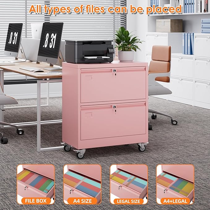 Aobabo Metal 2 Drawer Lateral File Mobile Cabinet with 2 Lock, File Cabinet with Wheels and Adjustable File Bars for Office, Home, for Letter/Legal Size, Pink, Assembly Required-DeskLoop Office