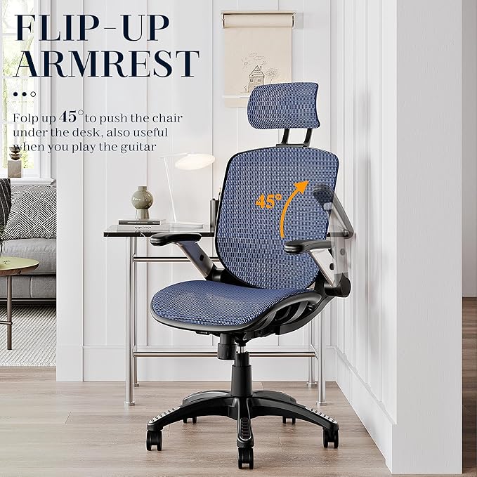 GABRYLLY Ergonomic Office Chair, High Back Mesh Desk Chair with Adjustable Headrest, Flip-Up Arms, 90-120° Tilt Lock, Lumbar Support and Comfy Seat, Swivel Computer Task Chair, Blue-DeskLoop Office